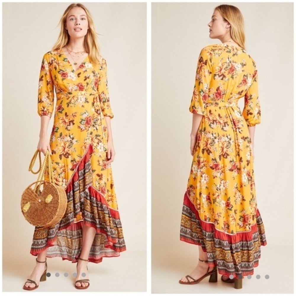 💋Rare Anthropologie farm Rio soigne Yellow Floral High-Low Wrap Maxi Dress